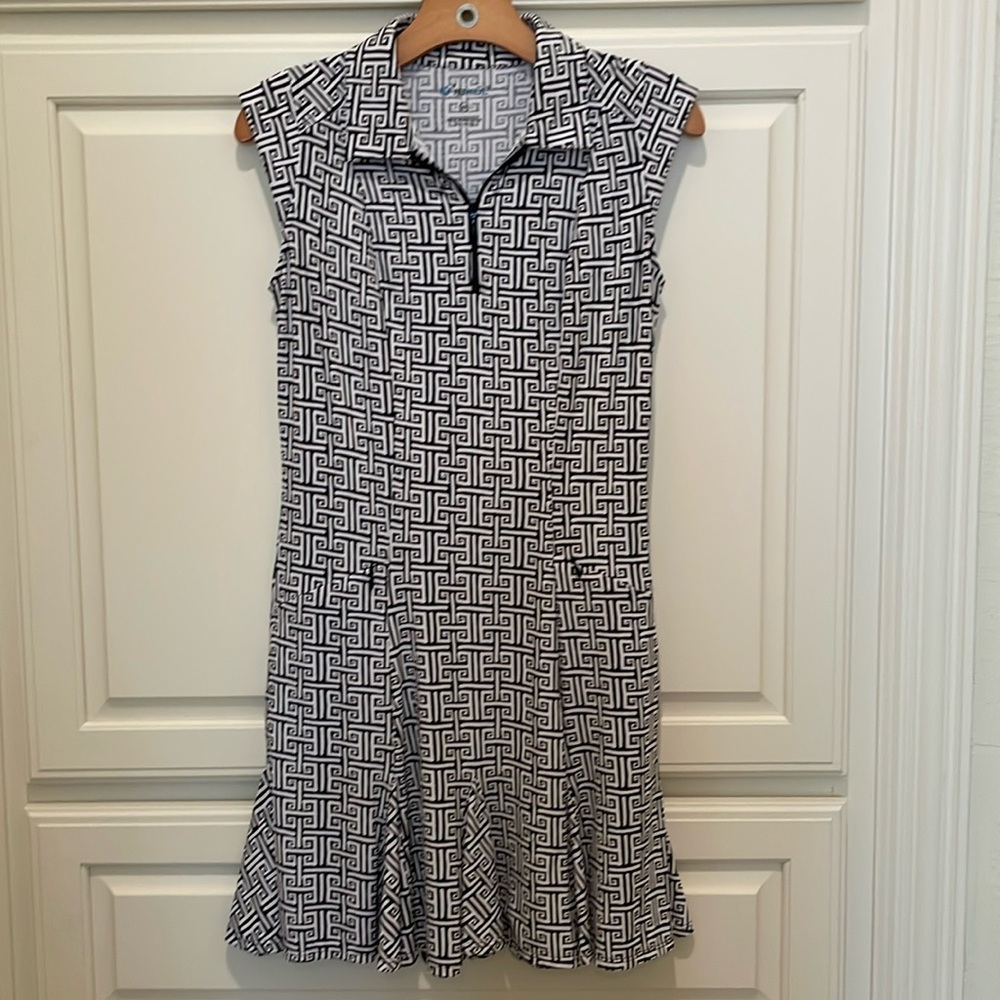 IBKUL Sleeveless Polo Golf Dress Greo Black & White